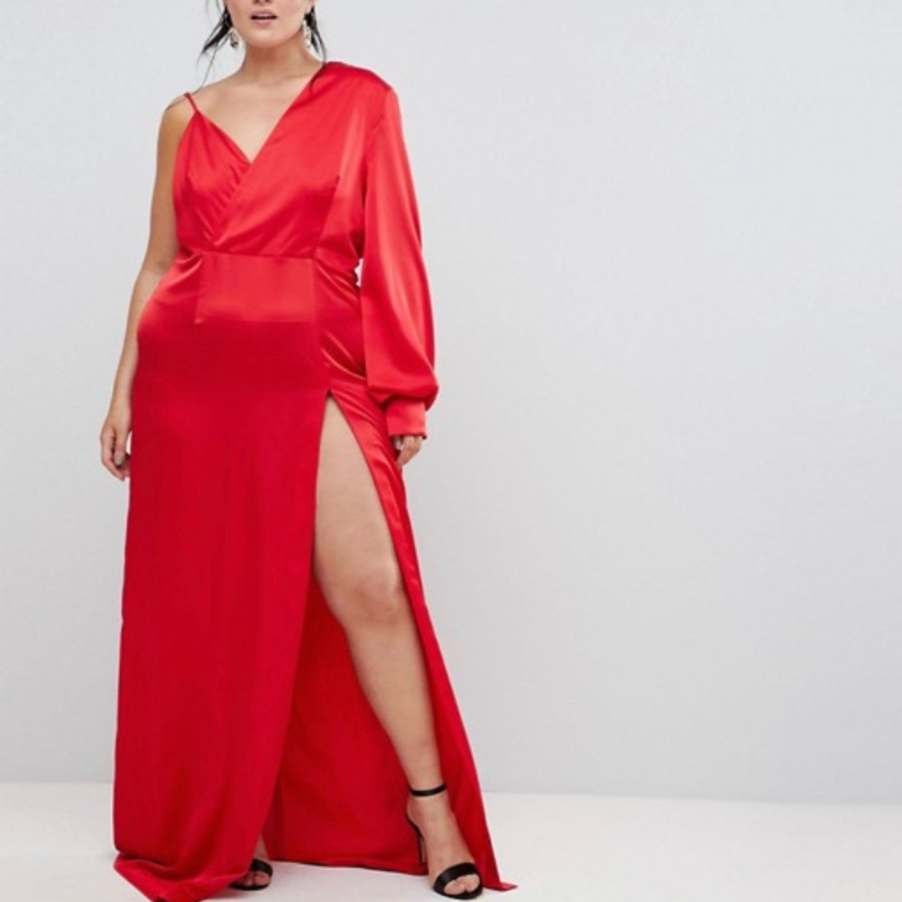Red High Split Asymmetrical Sleeve Dress